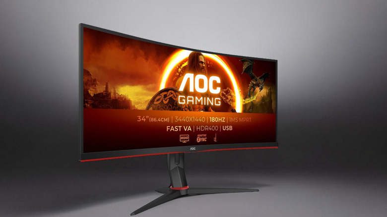 The AOC CU34G2XP monitor against a gray background