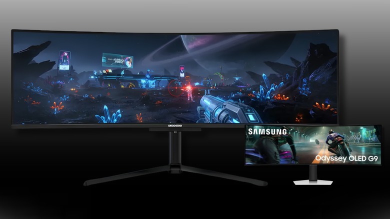Deco Gear - 49" QD-OLED 240Hz Curved Ultrawide Gaming Monitor and Samsung 49" Odyssey G9 Dual QD-OLED G91SD on a black to white gradient background