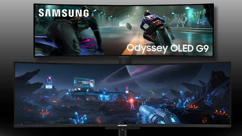 Samsung  Oddysey OLED G9 and Deco Gear Curved Ultrawide on a black to white gradient background