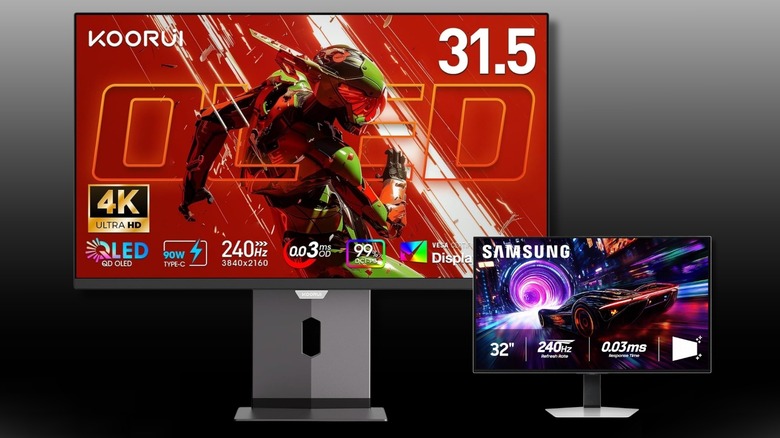 KOORUI 32 Inch 4K OLED Gaming Monitor and Samsung 32" Odyssey QD-OLED G8 (G81SF) on a black to white gradient background