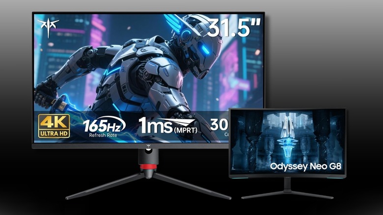 Samsung 32" Odyssey Neo G8 (G85NB) and KTC 32 Inch 4K Gaming Monitor on a black to white background