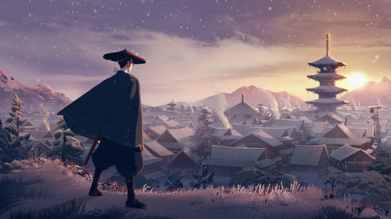 Mizu in Blue Eye Samurai stood on a snowy hill