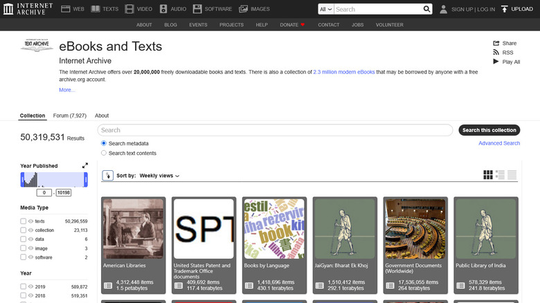 Internet Archive ebooks and texts screen showing a few titles