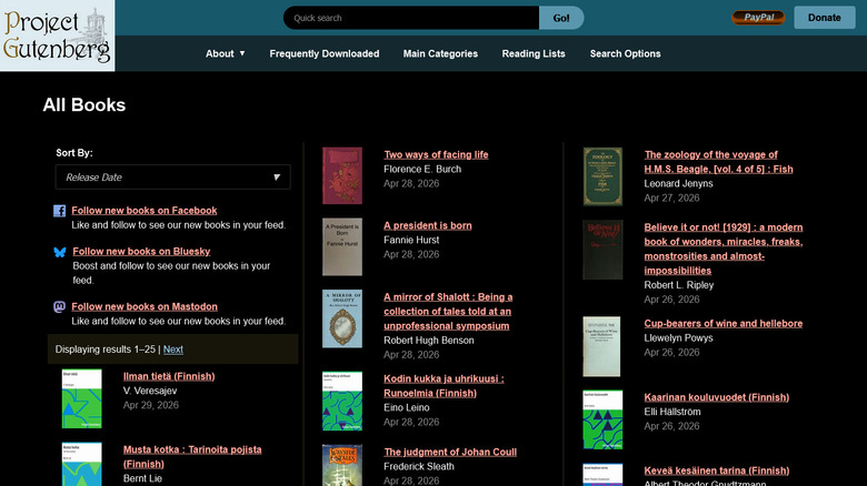 Screenshot of Project Gutenberg All Books page with dark mode on
