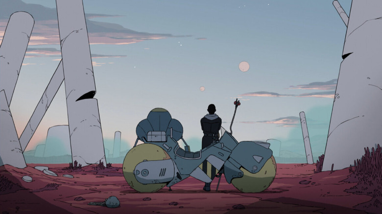 Azi and her robot looking at the sky while leaning to a motorbike