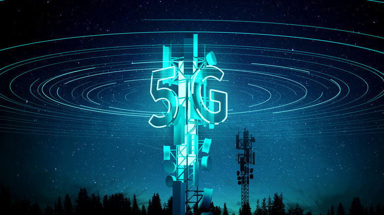 5G mobile signal Communication Mast (cell tower) Super fast data streaming concept.