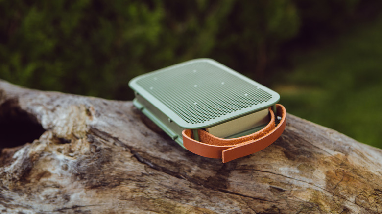 A wireless speaker is pictured, resting on top of a log.