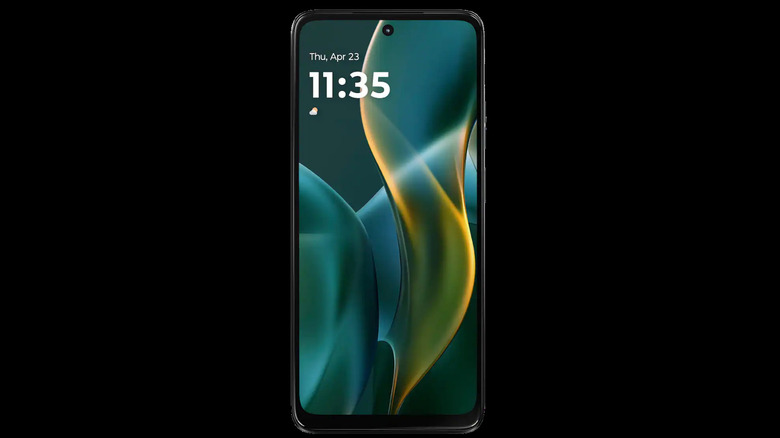 Moto G 2025 shown from the front on a black background.