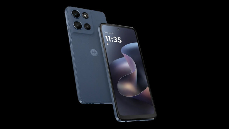 Moto G 2026 shown from the front and back on a black background.
