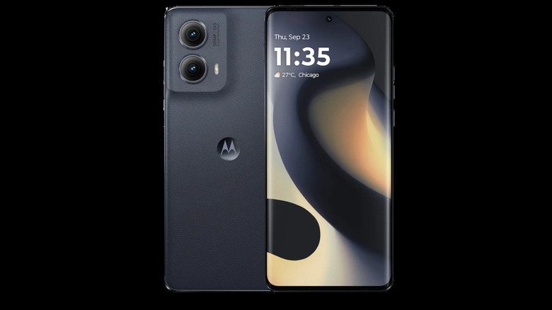 Motorola Moto Edge 2024 shown from the front and back on a black background.