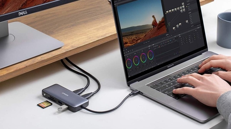 Anker 8-in-1 USB-C Hub used on laptop with multiple devices connected