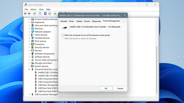 turning off USB selective suspend setting in Device Manager on Windows 11