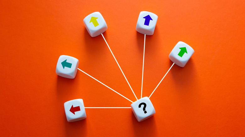 White dice with colored arrows connected to a central question mark.