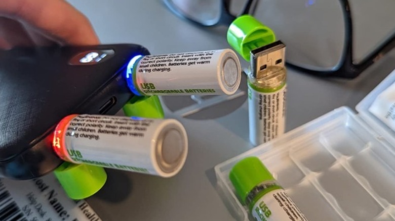 Survival Frog EasyPower USB AA rechargeable batteries charging via a power bank.