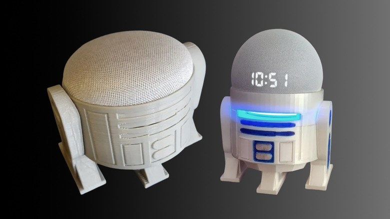R2D2-themed housing for Google Home Mini (Left) and Echo Dot 4 Gen 4 and 5 (Right) on a black background