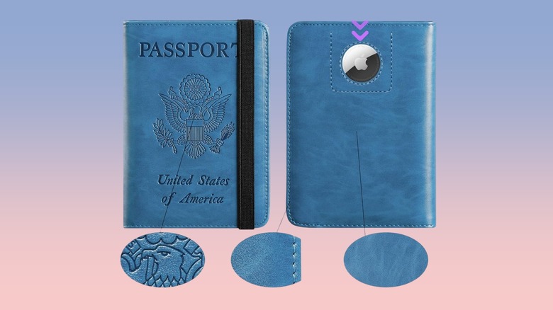 The Pascacoo Airtag Passport Holder against a gradient background