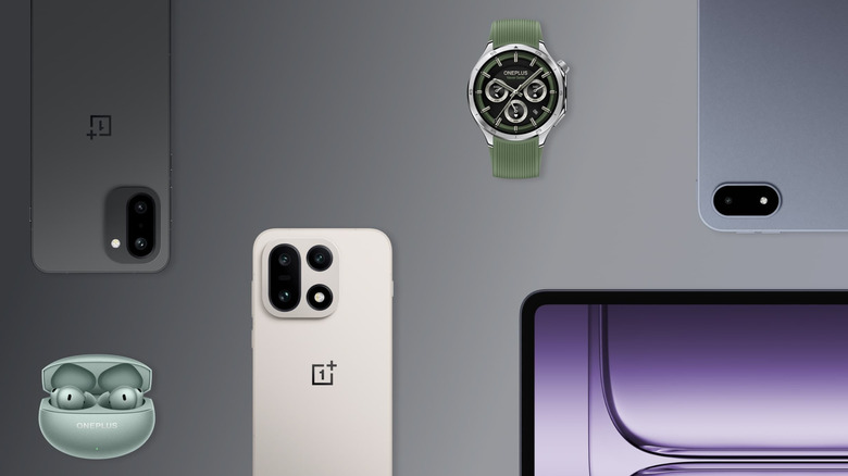 A selection of OnePlus devices against a gradient background