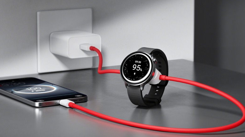 A close-up of a OnePlus Watch and smartphone being charged using OnePlus 2-in-1 Supervooc Cable and a power adapter