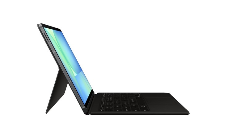 Samsung Book Cover Keyboard attached to a Samsung Galaxy Tab in landscape mode.
