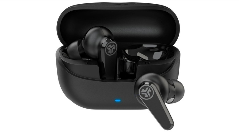 JLab Go Pods ANC earbuds in a black charging case with the lid open.
