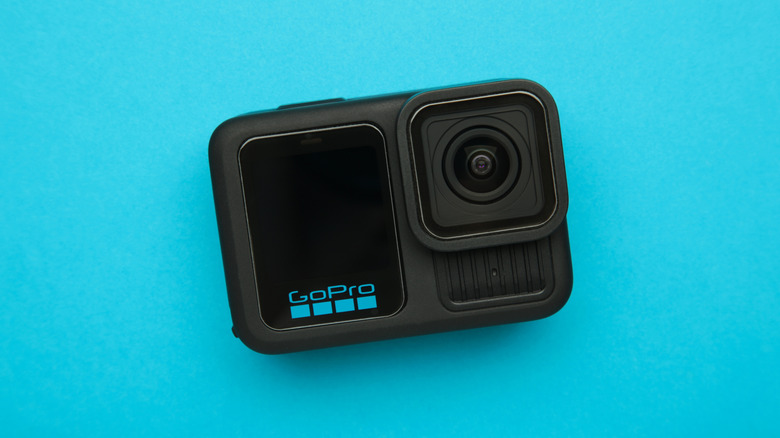 GoPro action camera on blue background