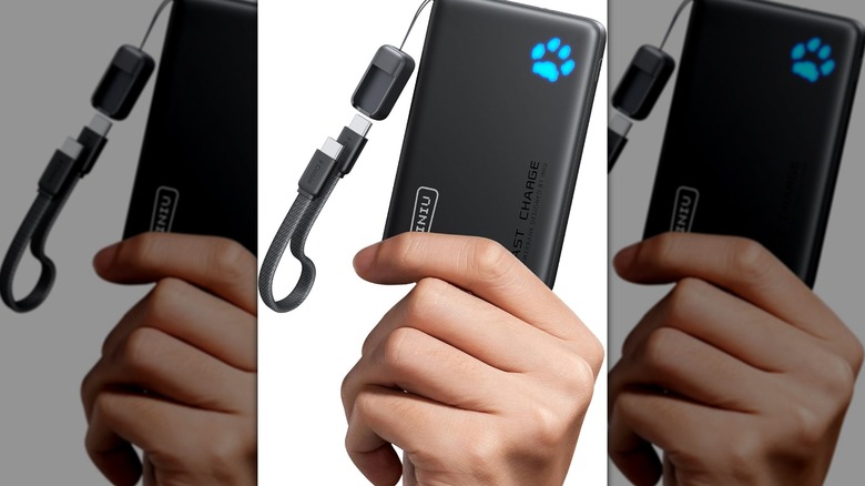 A hand holding an Iniu Fast-Charging Portable Charger.