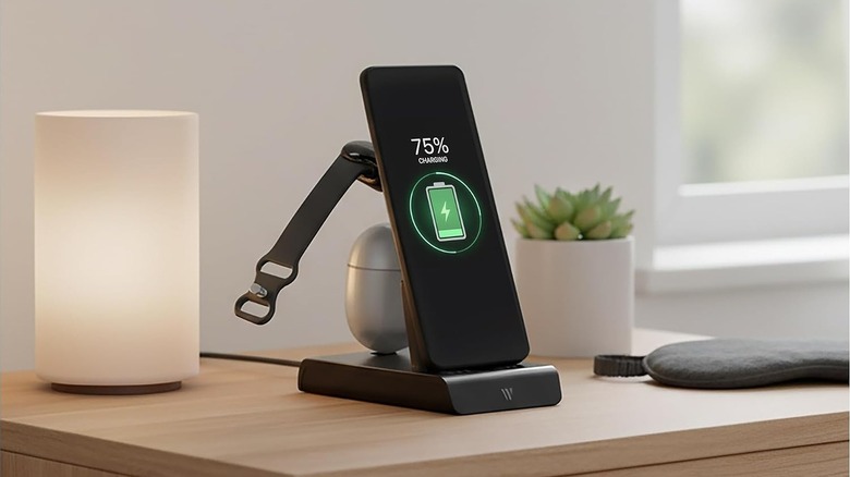 The Wasserstein 3-in-1 Charging Station on a table with phone, smartwatch, and earbuds being charged