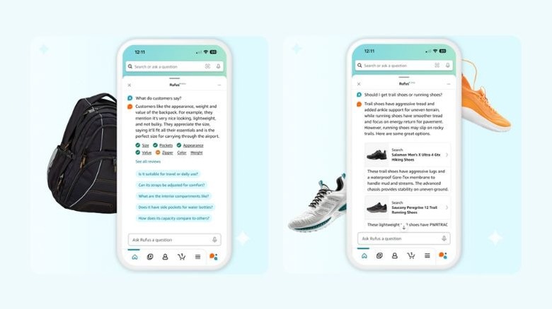 Smartphone screens showing Amazon's Rufus AI-assistant in action