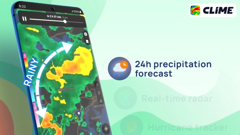 A still taken from a promotional video for the Clime live weather radar app, the image shows a smartphone displaying a weather forecast