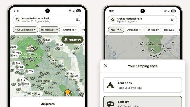 An image showing two different screenshots of the Hipcamp app superimposed on Android phones, one shows a search filter for a user's camping style, and the image on the left shows a map of paid camping sites