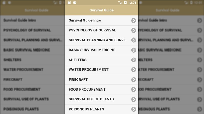 A screenshot from the Offline Survival Guide for Android operating systems, the app shows a table of contents for various survival information