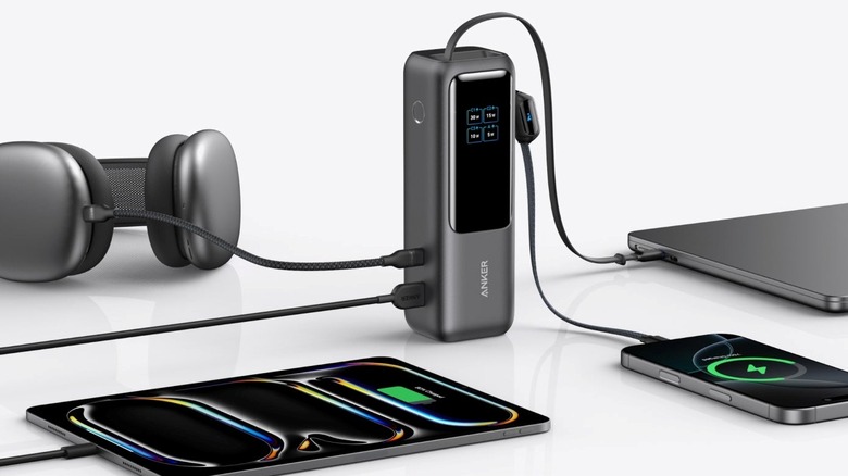 The Anker Laptop Power Bank (25,000 mAh) on white background connected to a bunch of gadgets