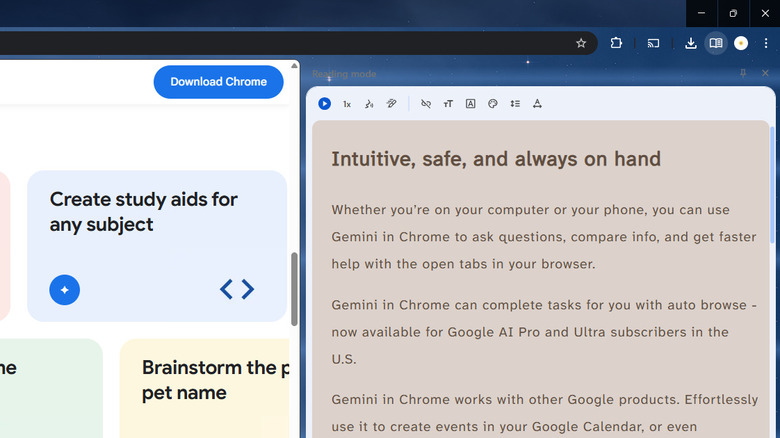 Reading mode in Chrome opened in the side panel