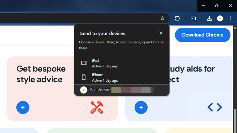 Send to your devices popup in Google Chrome