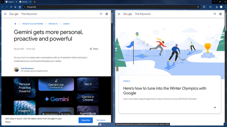Two Google articles opened in split view in Chrome