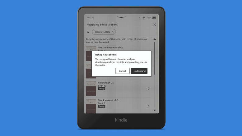 Kindle Recaps function showing on Kindle screen, notifying of potential spoilers