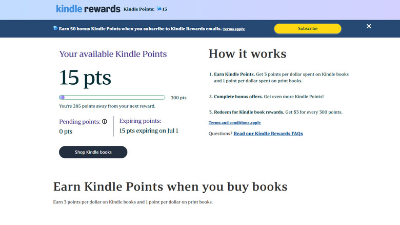 Screenshot of Kindle Rewards points web page showing instructions and current points for account