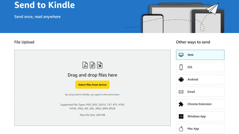 Screenshot of Send to Kindle web page showing area to drag and drop files
