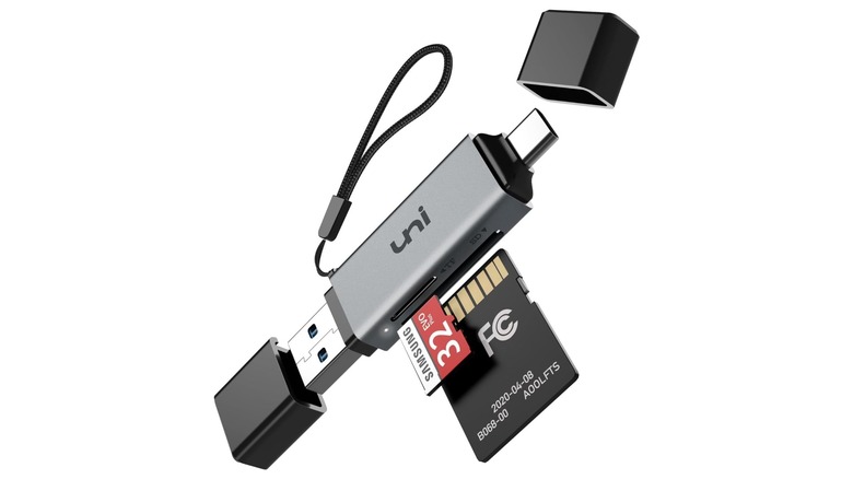 The Uni SD and microSD USB 3.0 Card Adapter with its USB heads uncapped and card readers visible against a white background