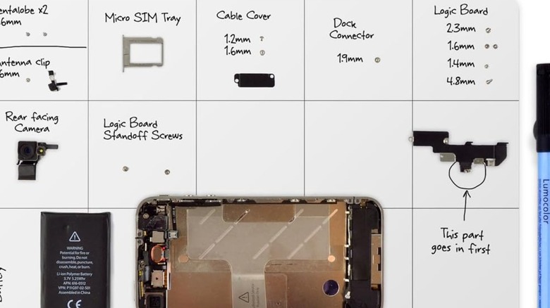 A disassembled smartphone on an iFixit Magnetic Project Mat.
