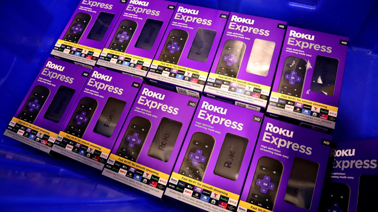 Lined up Roku Express streaming players.