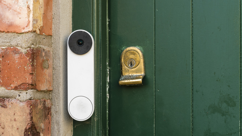 A video doorbell on a green door with a brass lock
