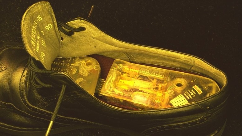 A shoe with the first wearable computer, a device made to cheat at roulette.