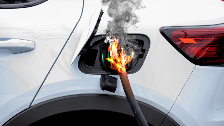 Artistic rendition of an electic vehicle charger on fire