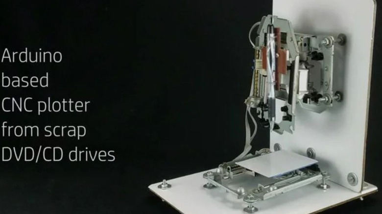 Image of an old DVD player repurposed to function as a CNC plotter. Image in text says 'Arduino based CNC plotter from scrap DVD/CD drives'.