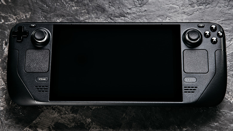 Front profile of Steam Deck on a slate background
