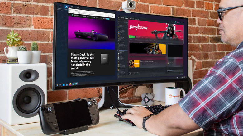 Steam Deck docked on a gaming desktop setup