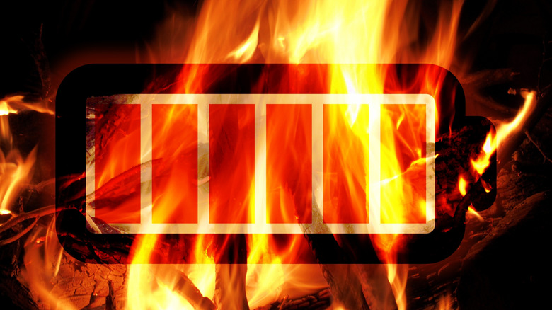 A symbol of a battery with flames covering it