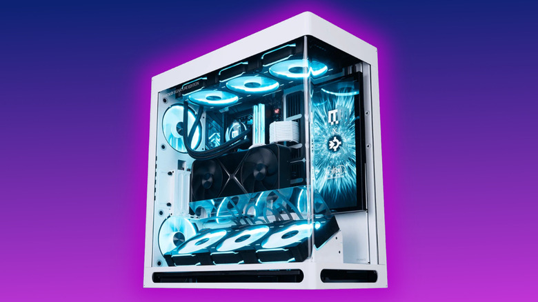 Maingear Shroud Gaming PC on a purple gradient background