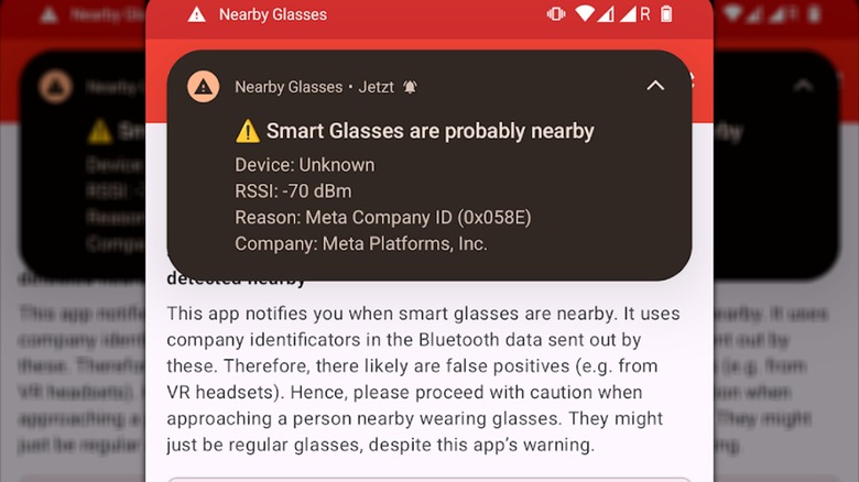 The Nearby Glasses app detecting smart glasses nearby.